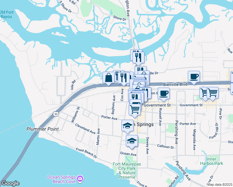 map of restaurants, bars, coffee shops, grocery stores, and more near 736 Signal Street in Ocean Springs
