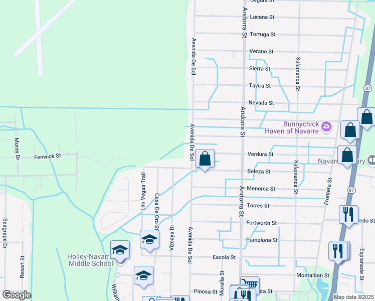 map of restaurants, bars, coffee shops, grocery stores, and more near 2210 Avenida De Sol in Navarre