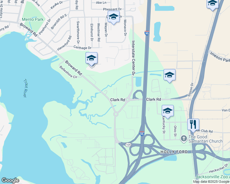 map of restaurants, bars, coffee shops, grocery stores, and more near 549 Clark Road in Jacksonville