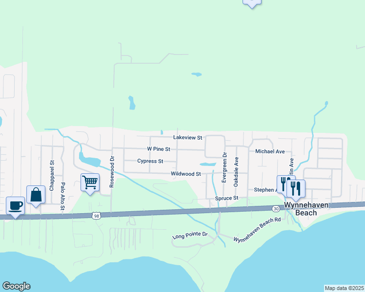 map of restaurants, bars, coffee shops, grocery stores, and more near 489 West Pine Street in Mary Esther