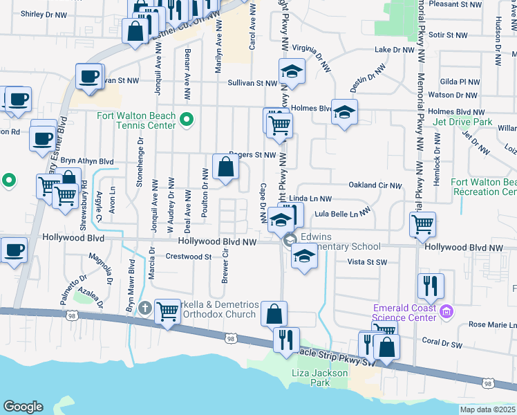 map of restaurants, bars, coffee shops, grocery stores, and more near 16 Cape Drive Northwest in Fort Walton Beach