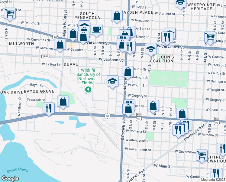 map of restaurants, bars, coffee shops, grocery stores, and more near 100 North P Street in Pensacola