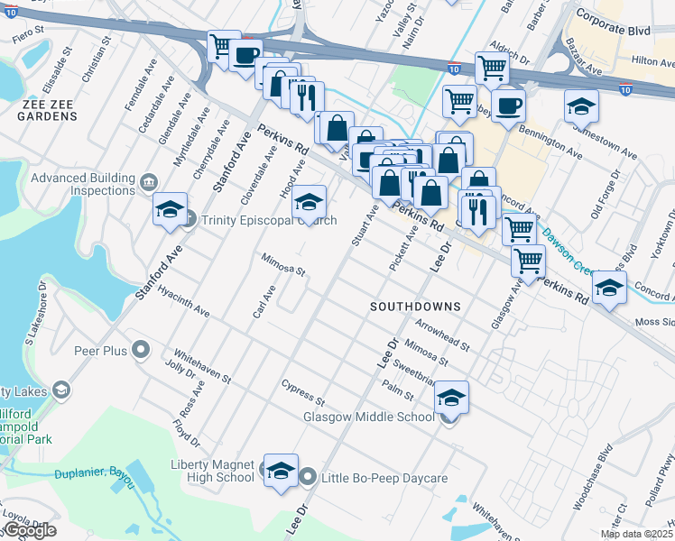 map of restaurants, bars, coffee shops, grocery stores, and more near 2025 Stuart Avenue in Baton Rouge