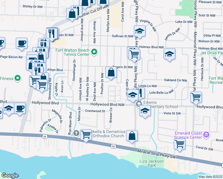 map of restaurants, bars, coffee shops, grocery stores, and more near 413 North Sea Lane Northwest in Fort Walton Beach