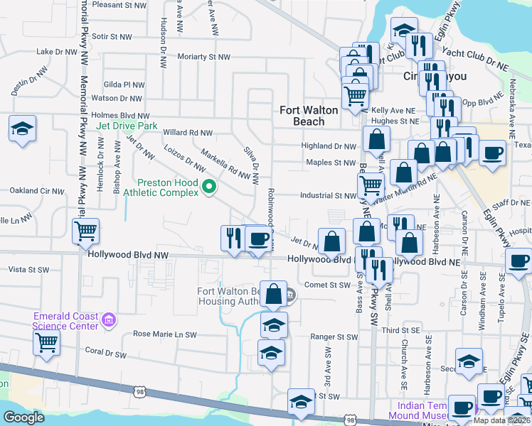 map of restaurants, bars, coffee shops, grocery stores, and more near 33 Robinwood Drive Southwest in Fort Walton Beach