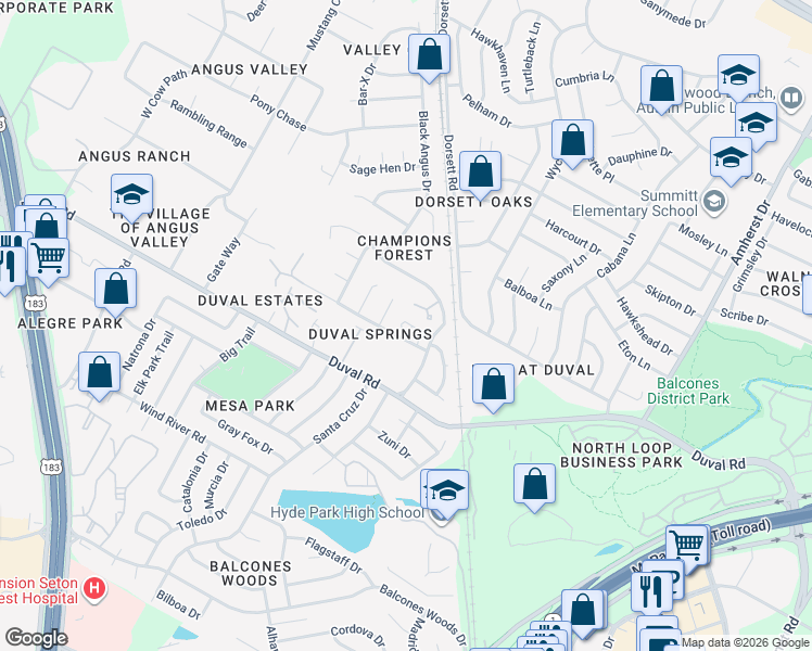 map of restaurants, bars, coffee shops, grocery stores, and more near 4501 Whispering Valley Drive in Austin