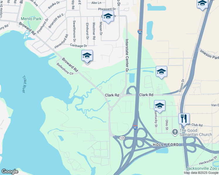 map of restaurants, bars, coffee shops, grocery stores, and more near 549 Clark Road in Jacksonville
