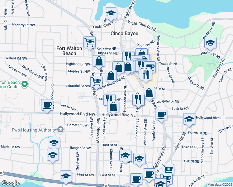 map of restaurants, bars, coffee shops, grocery stores, and more near 27A Bobolink Street Northeast in Fort Walton Beach