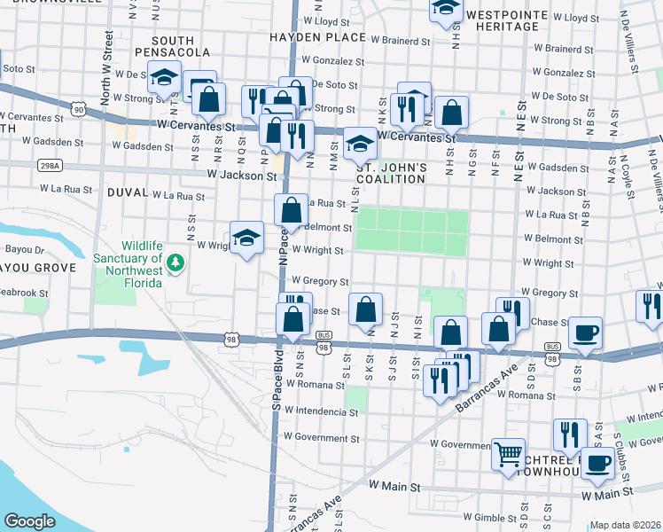 map of restaurants, bars, coffee shops, grocery stores, and more near 1807 West Wright Street in Pensacola