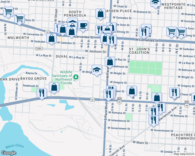 map of restaurants, bars, coffee shops, grocery stores, and more near 215 North P Street in Pensacola