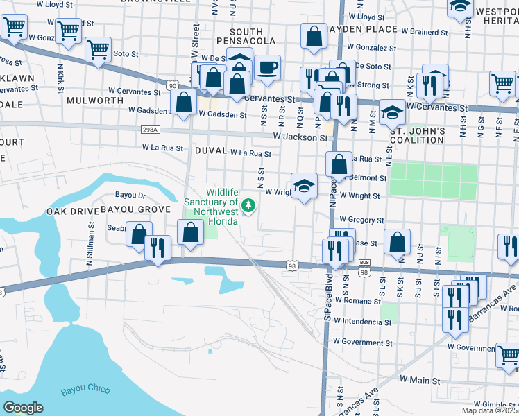 map of restaurants, bars, coffee shops, grocery stores, and more near 2417 West Wright Street in Pensacola