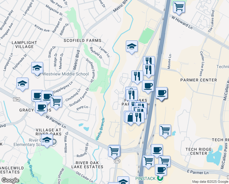 map of restaurants, bars, coffee shops, grocery stores, and more near 12820 North Lamar Boulevard in Austin