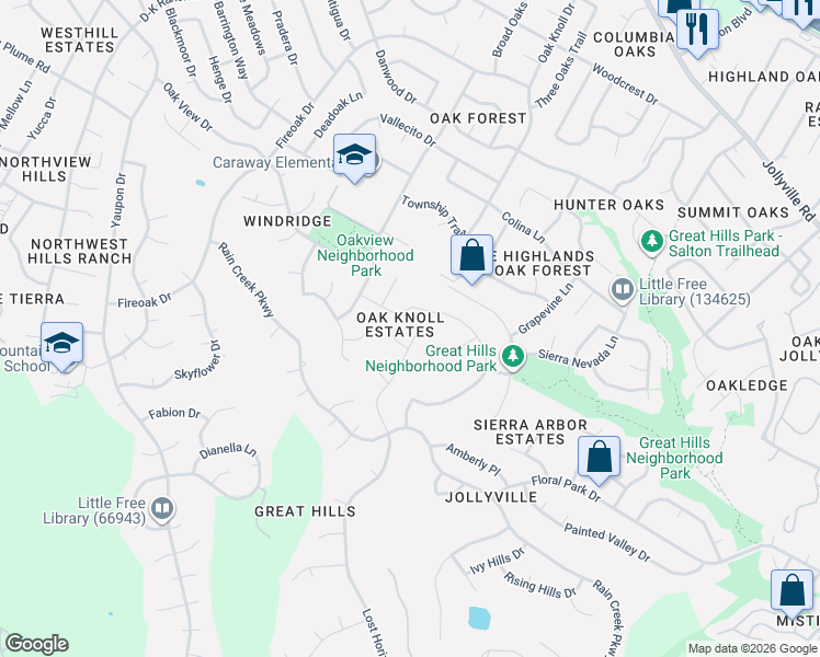map of restaurants, bars, coffee shops, grocery stores, and more near 6611 Manzanita Street in Austin