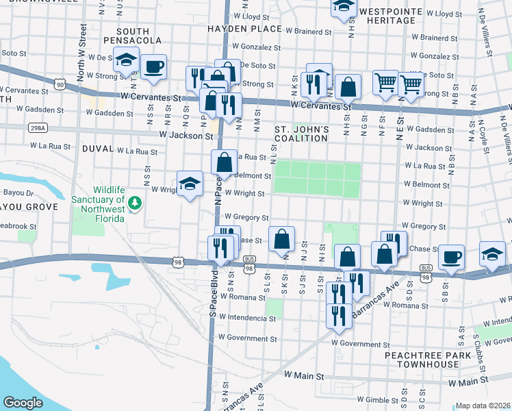 map of restaurants, bars, coffee shops, grocery stores, and more near 1807 West Wright Street in Pensacola