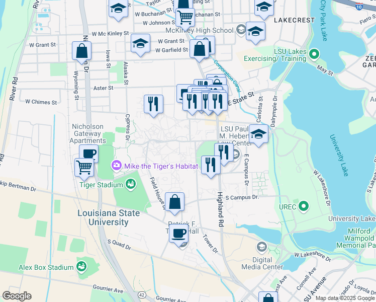 map of restaurants, bars, coffee shops, grocery stores, and more near 304 Thomas Boyd Hall in Baton Rouge