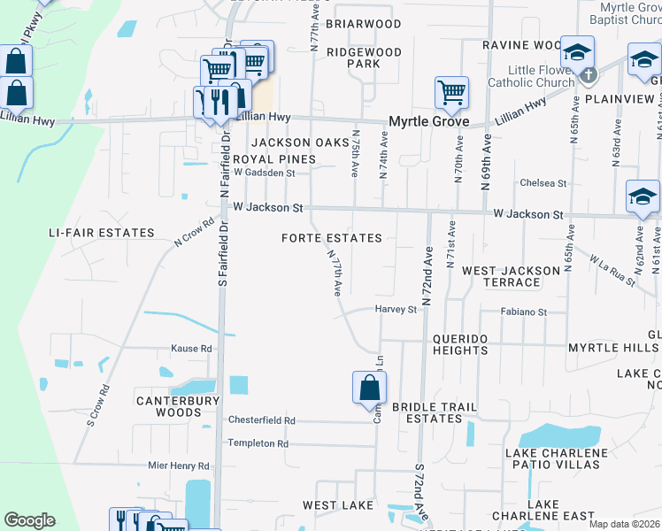map of restaurants, bars, coffee shops, grocery stores, and more near 485 North 77th Avenue in Pensacola