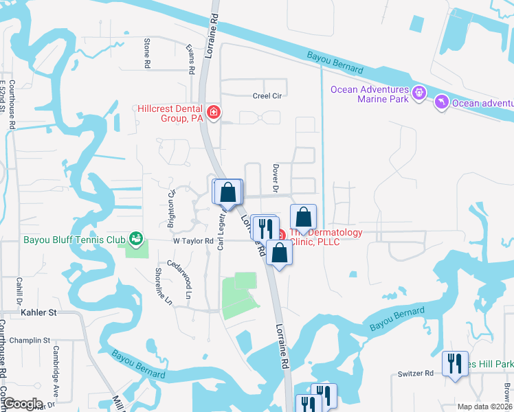 map of restaurants, bars, coffee shops, grocery stores, and more near 115 Brentwood Boulevard in Gulfport