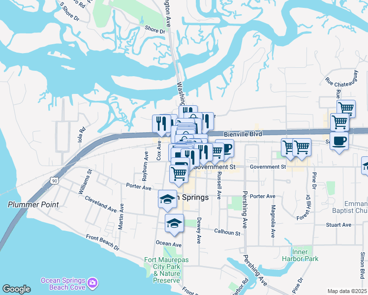 map of restaurants, bars, coffee shops, grocery stores, and more near Washington Avenue in Ocean Springs