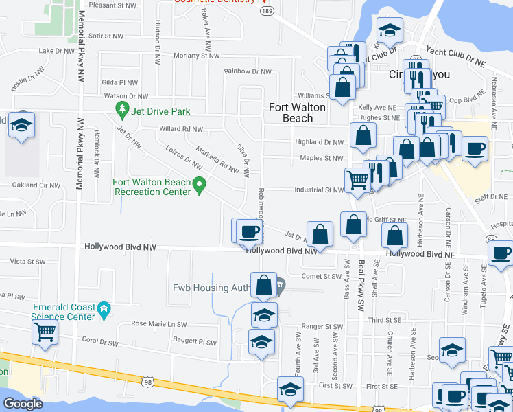 map of restaurants, bars, coffee shops, grocery stores, and more near 24 Robinwood Drive Northwest in Fort Walton Beach