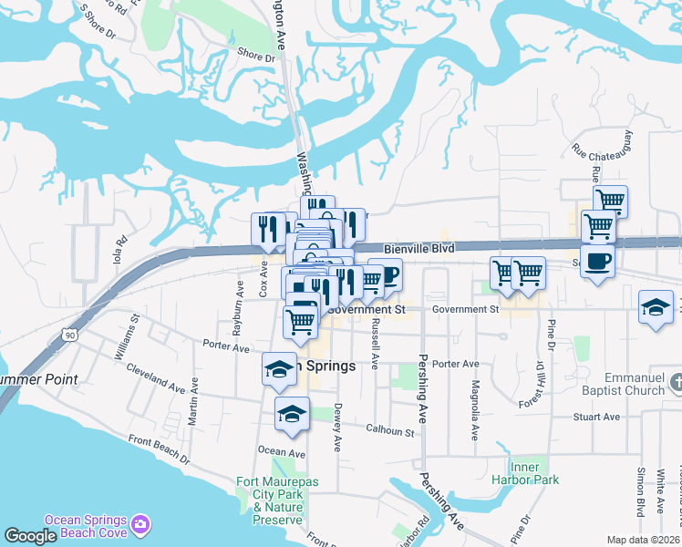 map of restaurants, bars, coffee shops, grocery stores, and more near Robinson Street in Ocean Springs