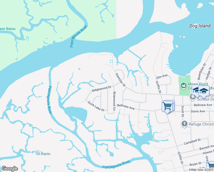 map of restaurants, bars, coffee shops, grocery stores, and more near 5025 Ridgewood Drive in Moss Point