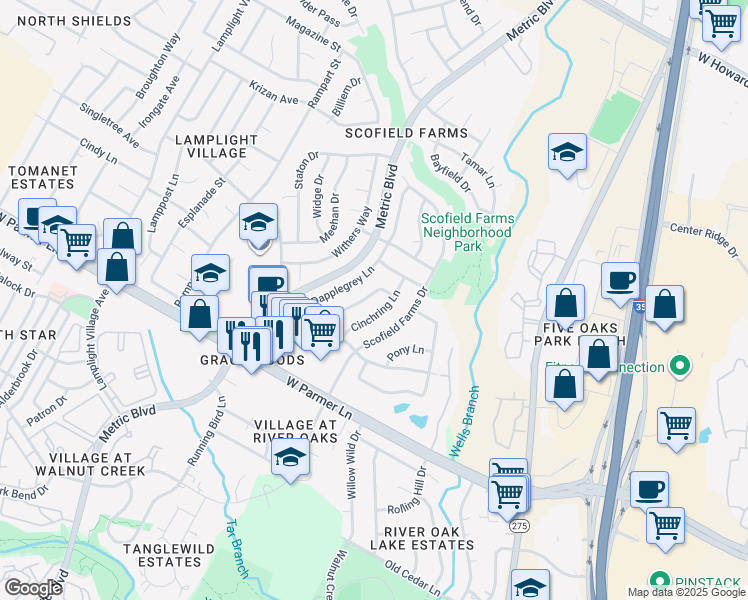 map of restaurants, bars, coffee shops, grocery stores, and more near 12712 Picket Rope Lane in Austin