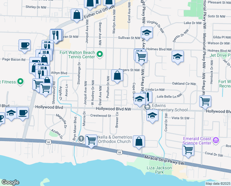 map of restaurants, bars, coffee shops, grocery stores, and more near 413 Odin Lane Northwest in Mary Esther