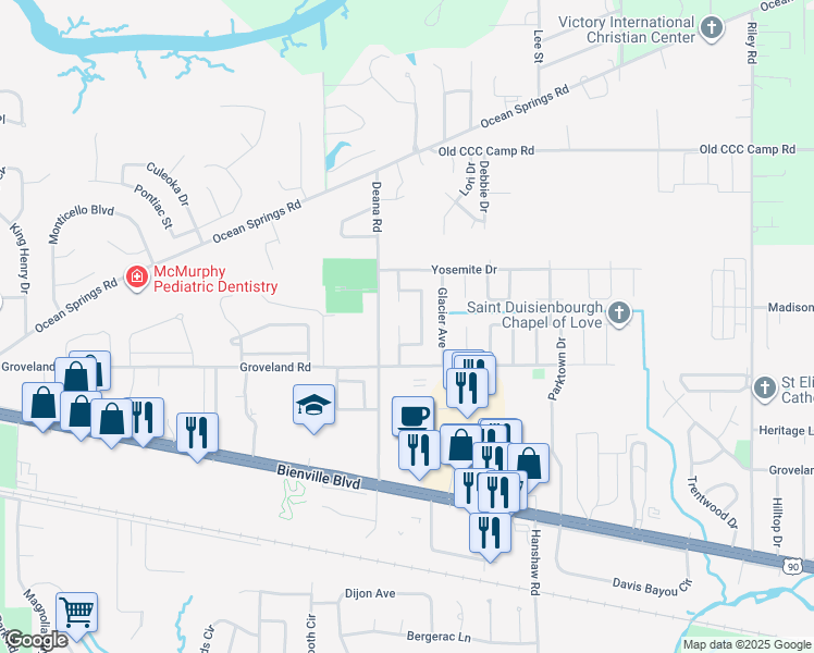 map of restaurants, bars, coffee shops, grocery stores, and more near 411 Woodward Drive in Ocean Springs