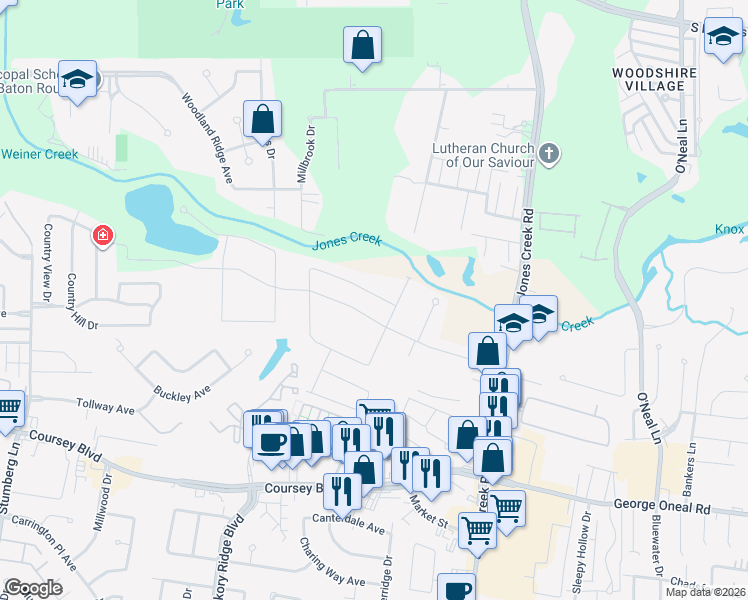 map of restaurants, bars, coffee shops, grocery stores, and more near 13914 Bellacosa Avenue in Baton Rouge