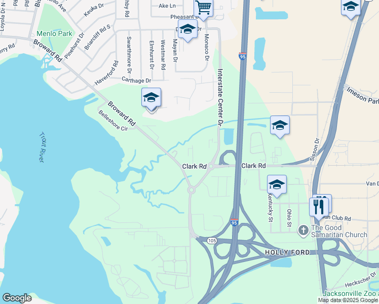 map of restaurants, bars, coffee shops, grocery stores, and more near 549 Clark Road in Jacksonville
