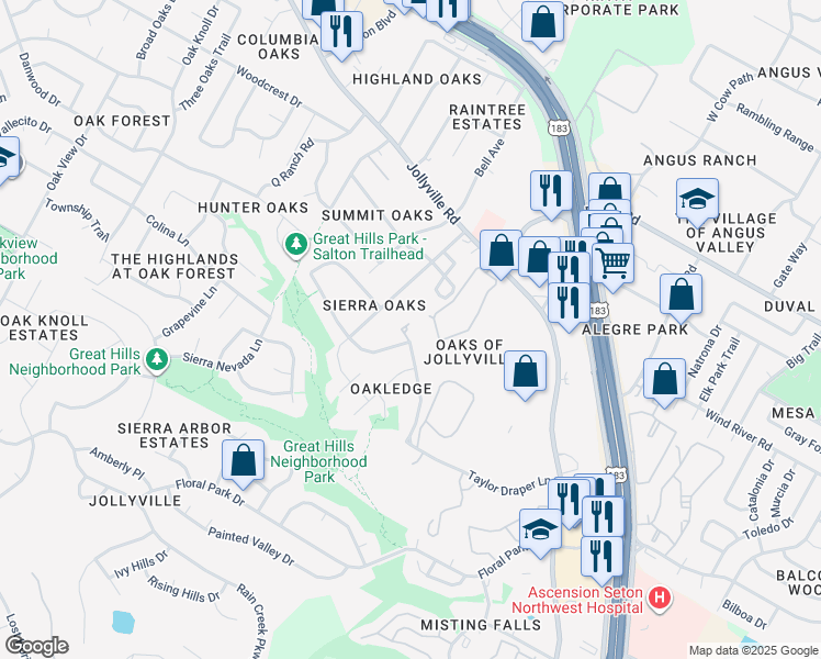 map of restaurants, bars, coffee shops, grocery stores, and more near 11337 Taylor Draper Lane in Austin