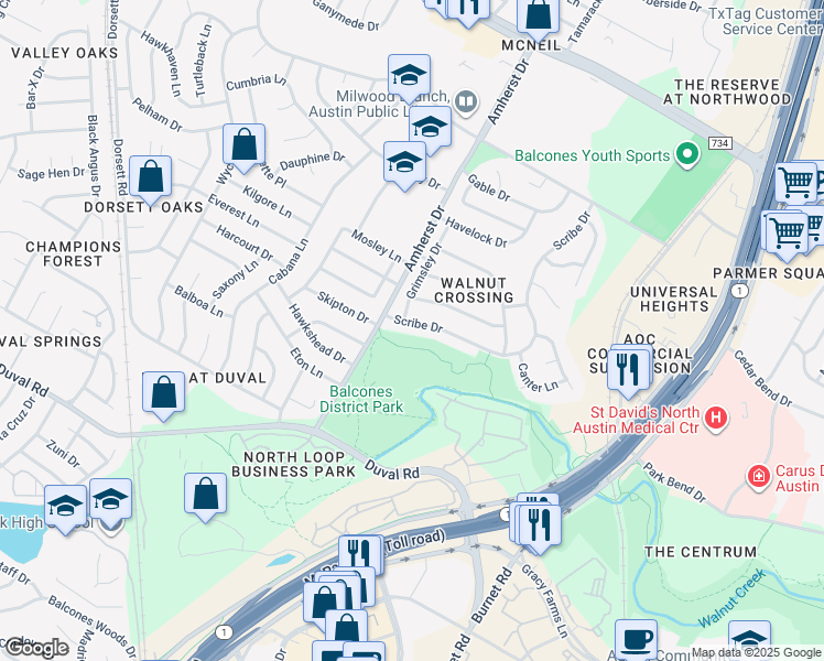 map of restaurants, bars, coffee shops, grocery stores, and more near 12000 Scribe Drive in Austin