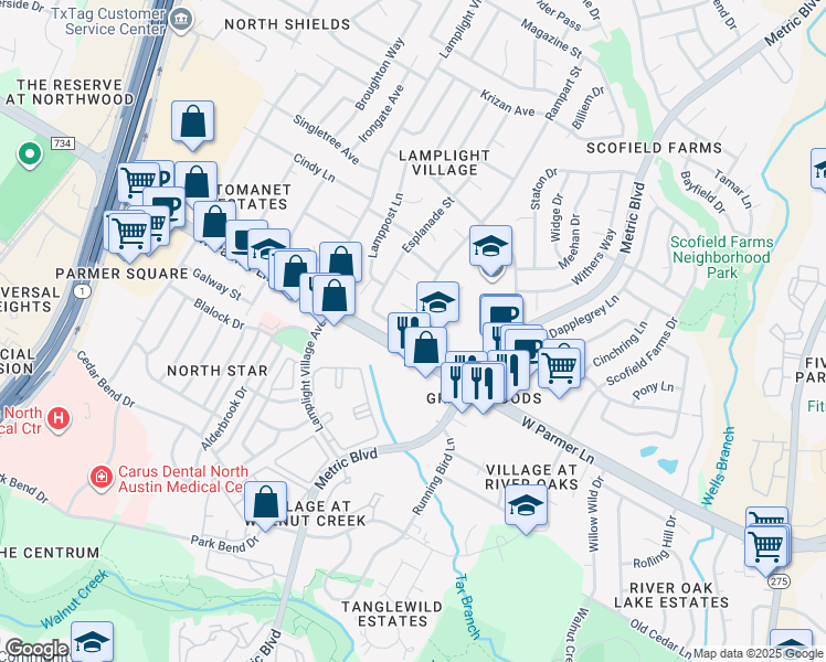 map of restaurants, bars, coffee shops, grocery stores, and more near 12513 Rampart Street in Austin