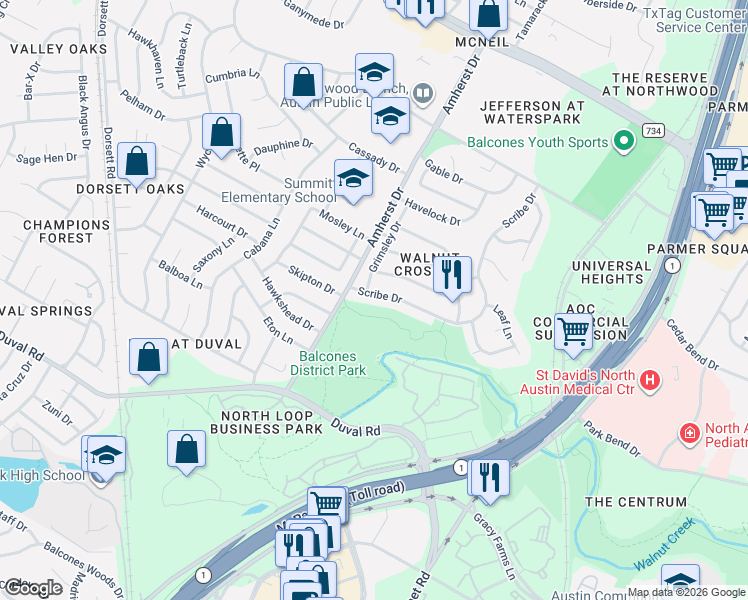 map of restaurants, bars, coffee shops, grocery stores, and more near 12011 Scribe Drive in Austin