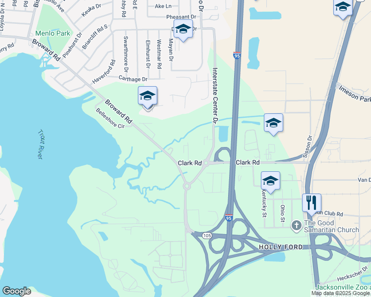 map of restaurants, bars, coffee shops, grocery stores, and more near 549 Clark Road in Jacksonville