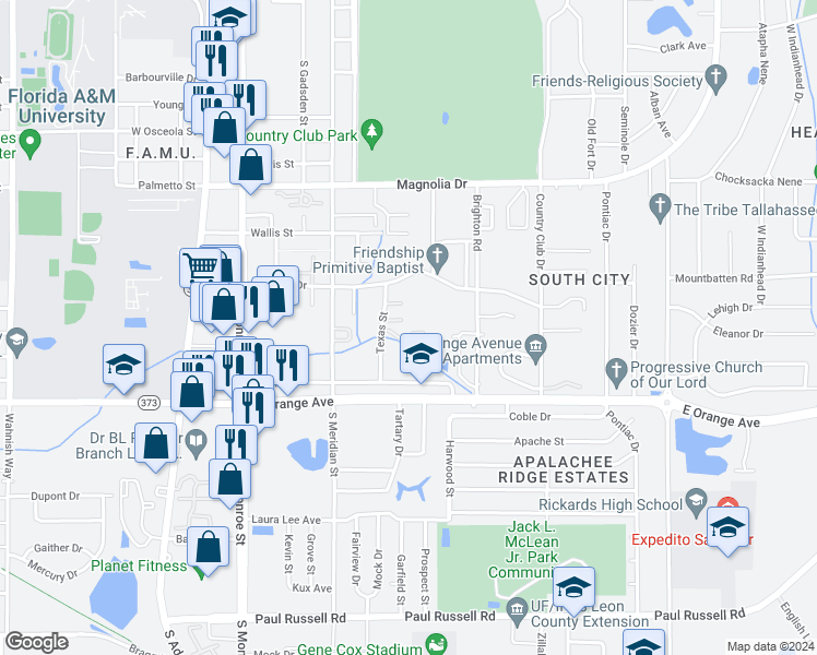 map of restaurants, bars, coffee shops, grocery stores, and more near 2525 Texas Street in Tallahassee