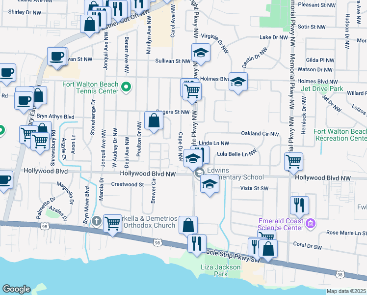 map of restaurants, bars, coffee shops, grocery stores, and more near 21 Cape Drive Northwest in Fort Walton Beach