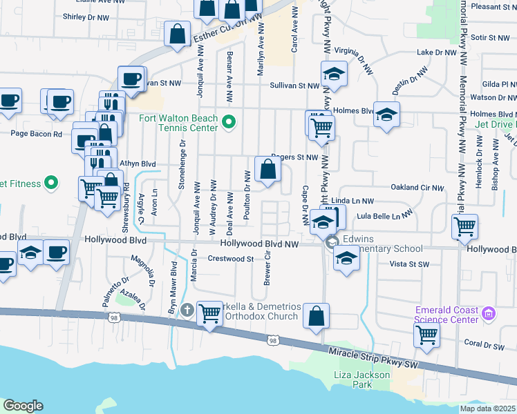 map of restaurants, bars, coffee shops, grocery stores, and more near 413 Odin Lane Northwest in Mary Esther