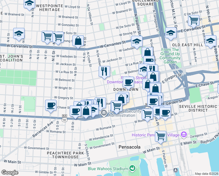 map of restaurants, bars, coffee shops, grocery stores, and more near 415 West Wright Street in Pensacola