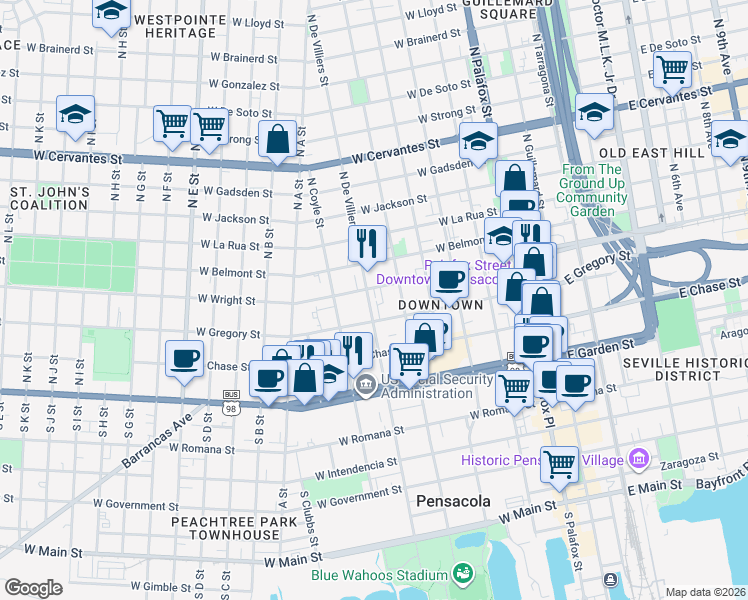 map of restaurants, bars, coffee shops, grocery stores, and more near 415 West Wright Street in Pensacola