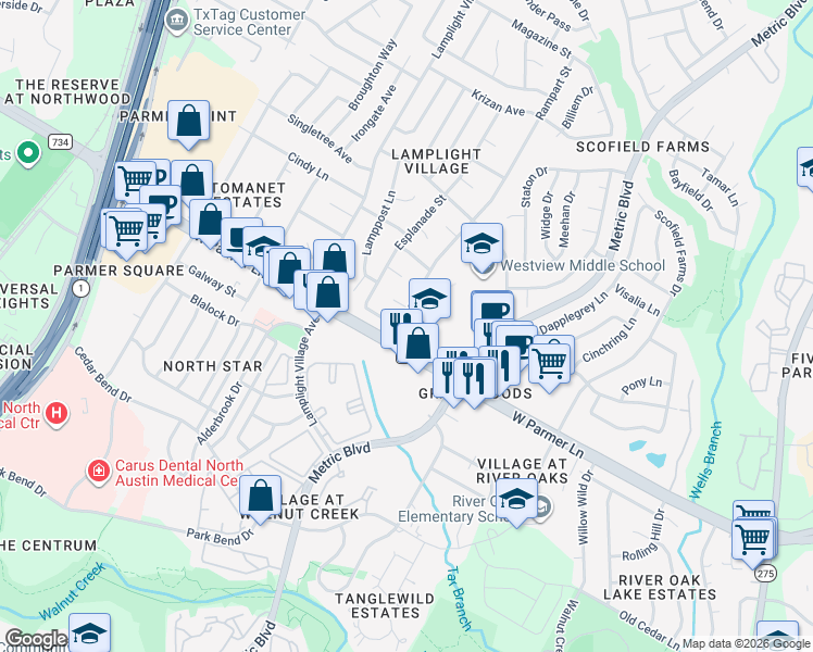 map of restaurants, bars, coffee shops, grocery stores, and more near 12513 Rampart Street in Austin