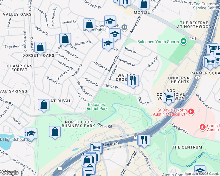 map of restaurants, bars, coffee shops, grocery stores, and more near 12000 Scribe Drive in Austin
