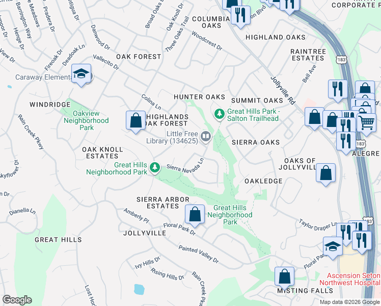 map of restaurants, bars, coffee shops, grocery stores, and more near 11105 Sierra Montana in Austin