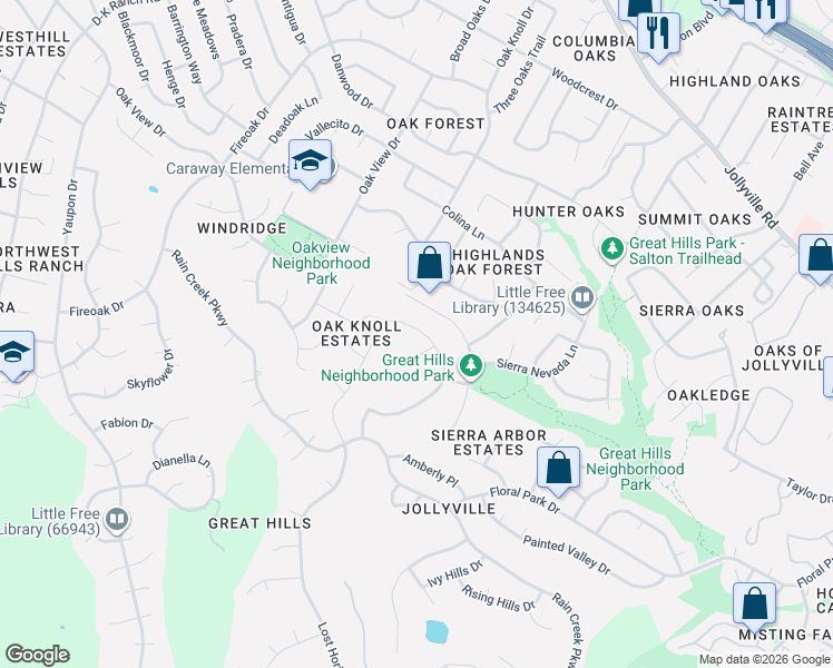 map of restaurants, bars, coffee shops, grocery stores, and more near 10815 Sans Souci Place in Austin