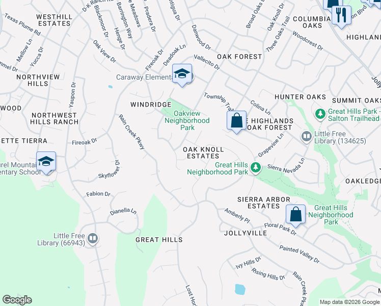 map of restaurants, bars, coffee shops, grocery stores, and more near 6801 Manzanita Street in Austin