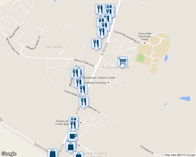 map of restaurants, bars, coffee shops, grocery stores, and more near 8111 North FM 620 in Austin