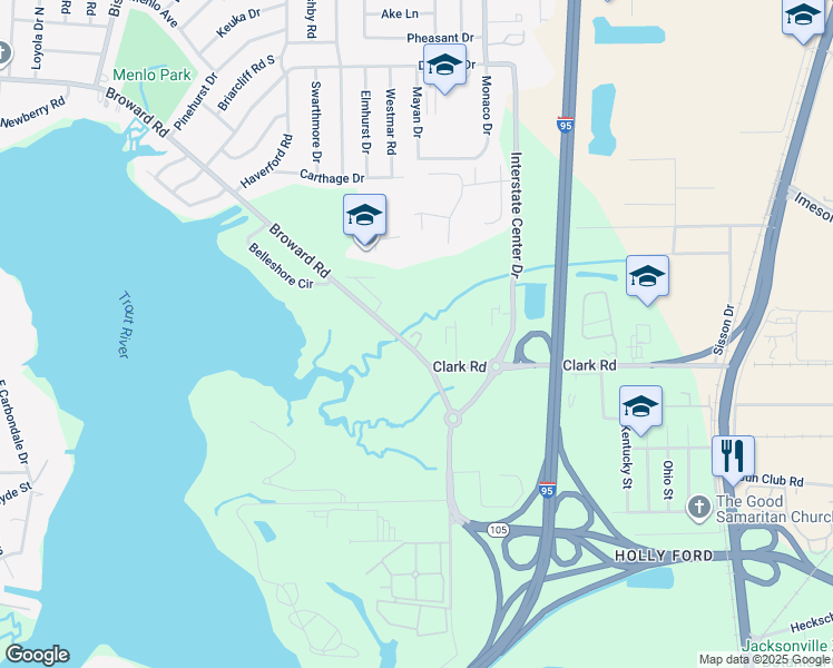 map of restaurants, bars, coffee shops, grocery stores, and more near 1275 Broward Road in Jacksonville