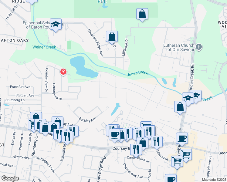 map of restaurants, bars, coffee shops, grocery stores, and more near 13733 Buckley Avenue in Baton Rouge