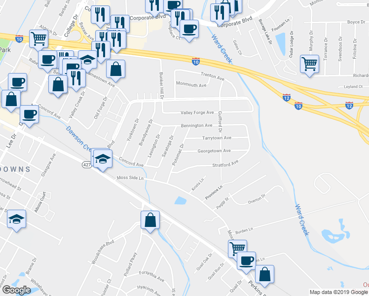 map of restaurants, bars, coffee shops, grocery stores, and more near 5533 Georgetown Avenue in Baton Rouge