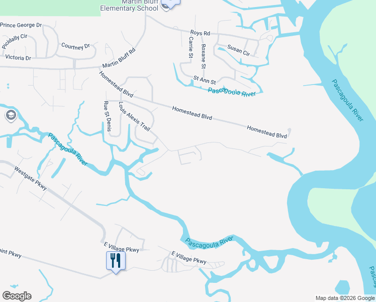 map of restaurants, bars, coffee shops, grocery stores, and more near 1201 Louis Alexis Trail in Gautier